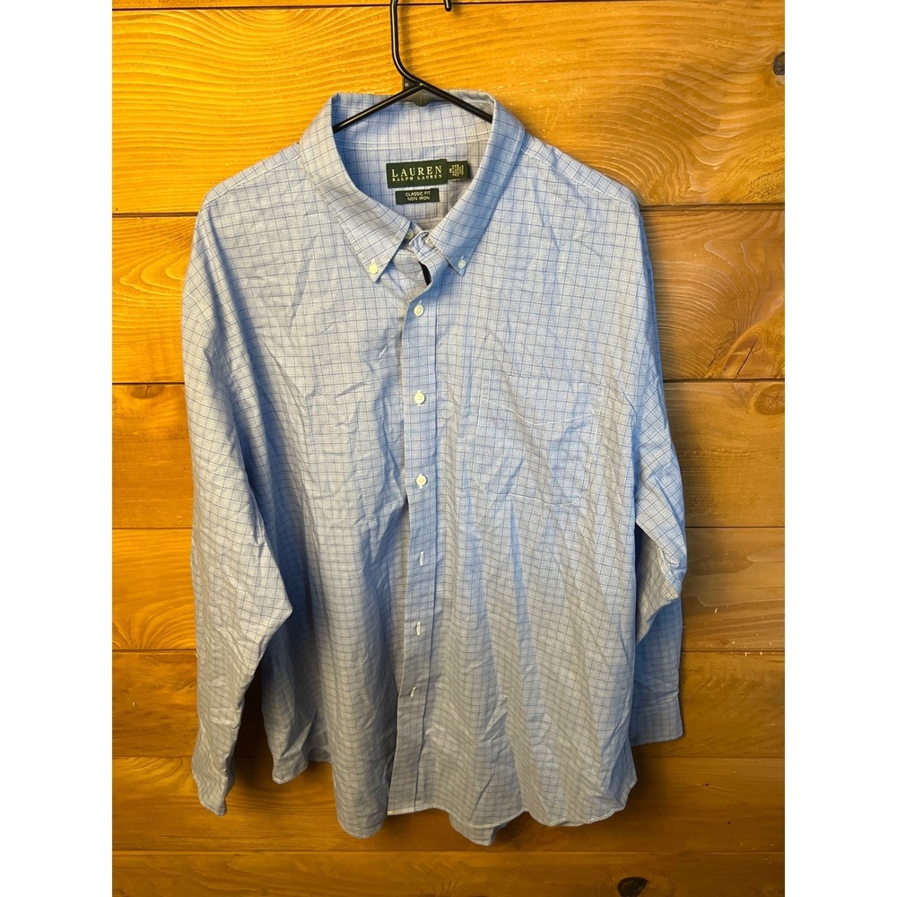 Lauren Ralph Lauren Mens 18 34/35 Classic Fit Non Iron Blue Plaid Shirt office